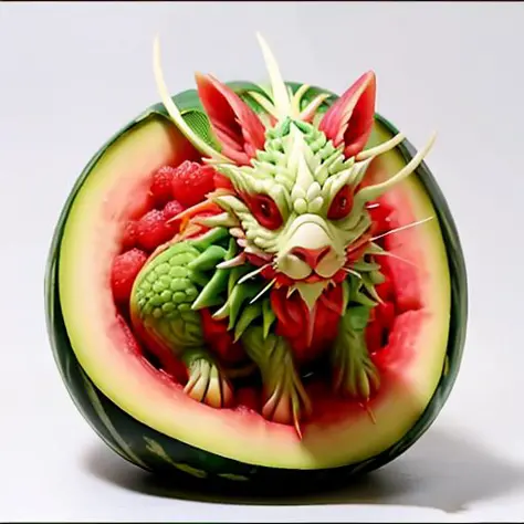 watermeloncarving, <lora:watermeloncarving-000005:1>In the Romance of the Three Kingdoms, Guan Yu rode on the Red Hare and held the Green Dragon Crescent Blade,full body,