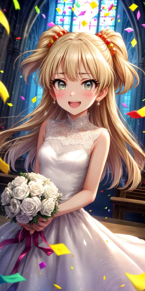 a girl in a wedding dress holding a bouquet of flowers