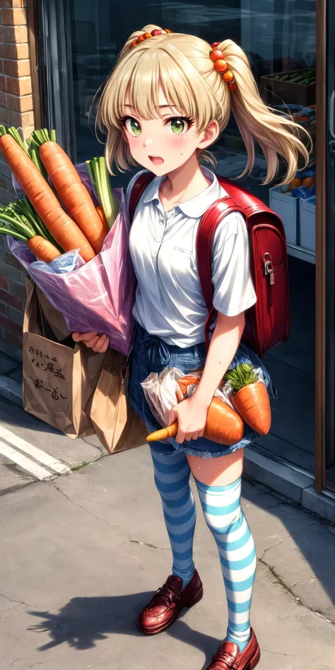 anime girl with a backpack and carrots holding a bag