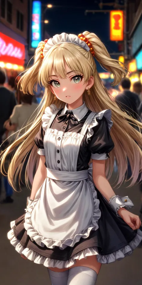 a woman in a maid outfit walking down a street