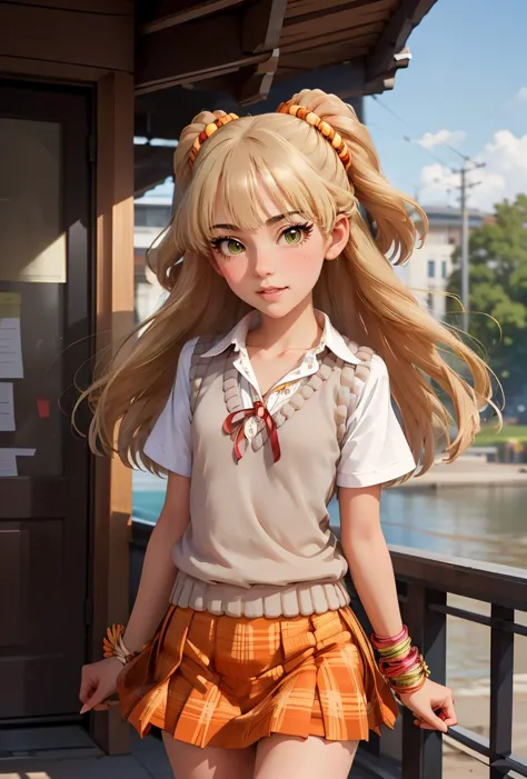 (masterpiece, best quality), 1girl,     <lora:jougasaki_rika_v1:1> aarika, long hair, two side up, hair bobbles, small breasts, school uniform, collarbone, neck ribbon, collared shirt, sweater vest, short sleeves, bracelet, plaid skirt, orange skirt