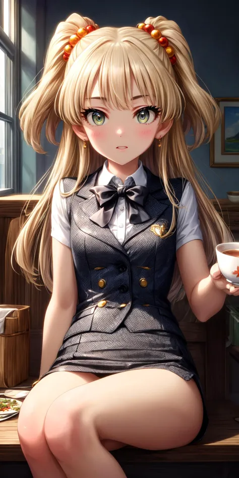 anime girl sitting on a bench with a cup of coffee