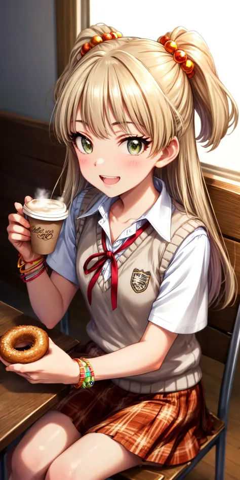 anime girl with blonde hair and a white shirt holding a donut