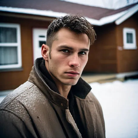 raw portrait photo of a 30yr old russian male with (short back and sides) hairstyle, in in a 1990s suburban neighborhood: mud, s...