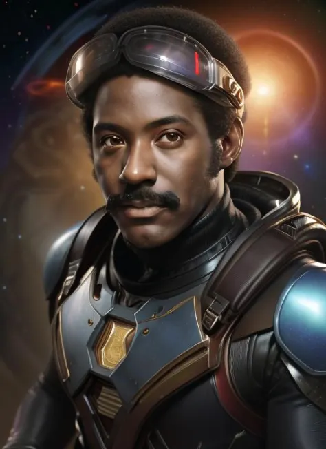 photo of  rr1, man, man, black man, mustache, afro,  (in Galactic Explorer Suit, Laser Blaster, Data Gauntlet, Energy Core Backpack, Holographic Visor:1.2), photorealistic painting,  portrait, stunningly attractive(extremely detailed 8k wallpaper), highly ...