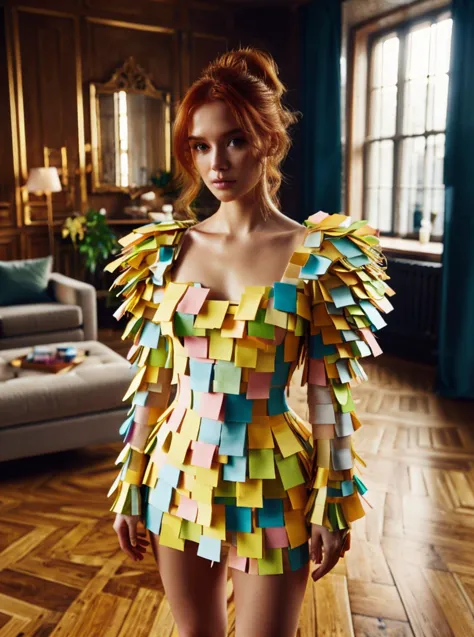 a woman in a dress made of post it notes stands in a room