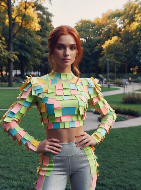 a woman in a colorful top and silver pants posing for a picture