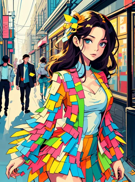 a woman in a colorful jacket and skirt walking down a street