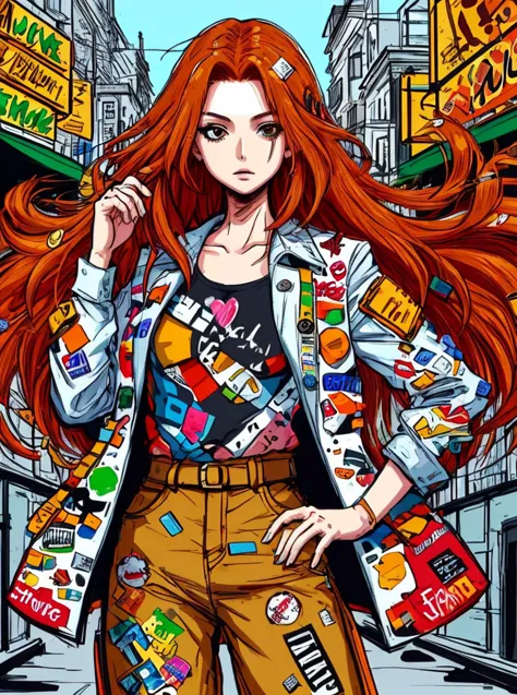 a woman with long red hair and a jacket on a city street