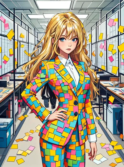 a woman in a colorful suit standing in an office