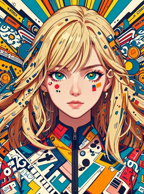 illustartion, digital art, 1girl, posing, blond hair, (dress:1.2) made of stickers, stickersfashion, complex park background, flat colors
 <lora:StickersFashion:0.65>