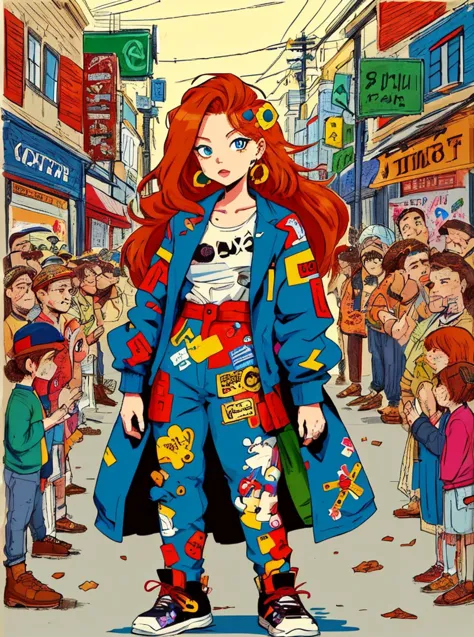 a cartoon picture of a woman in a blue coat and red hair