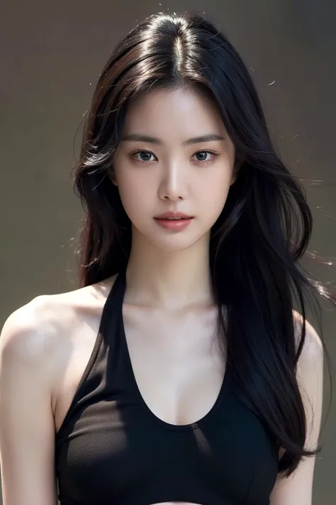 Best quality, masterpiece, ultra high res, (photorealistic:1.4), raw photo,1girl, solo, realistic, looking at viewer, parted lips,simple background, upper body, <lora:makina69_naeun_v1.0:1>, black halter top