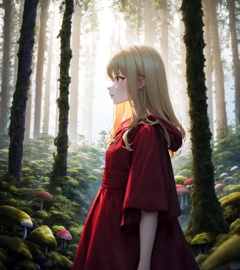 highres, best quality, 1girl, blonde hair, red dress, forest, mist, mushrooms, soft lighting, floral print, portrait, looking to...