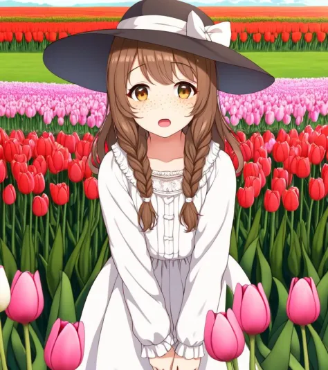 highres, best quality, 1girl, europe, tulips, solo, flower, hat, day, braid, dress, outdoors, field, freckles, brown hair, brown...