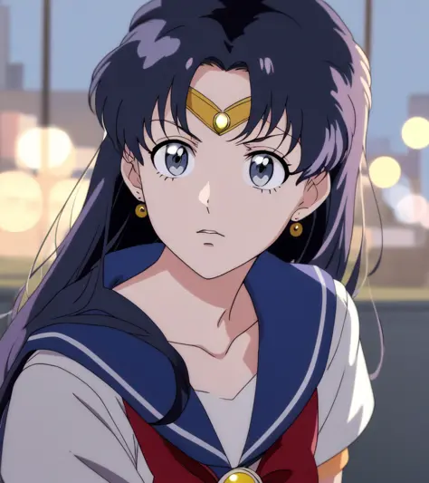 alta resolución, mejor calidad, Anime detalles finos retrato de la alegre colegiala Sailor Moon frente a casas de paneles rusas en el fondo, Esquema de color gris, bokeh profundo, De cerca, obra maestra de anime de Studio Ghibli. 8K, anime clásico de alta calidad del año 2000 al estilo de Hayao Miyazaki