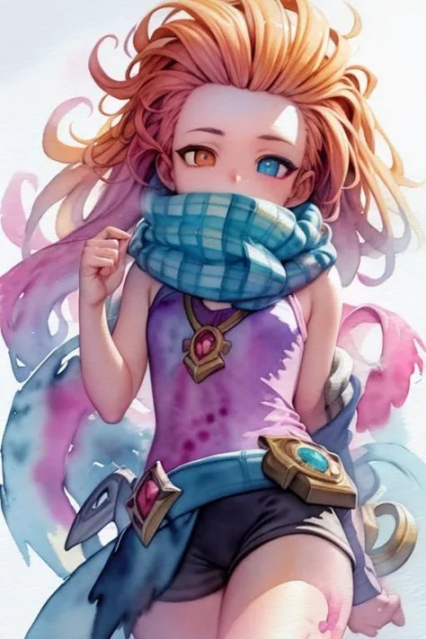 1girl, zoe, heterochromia, (watercolor:1.4), scarf