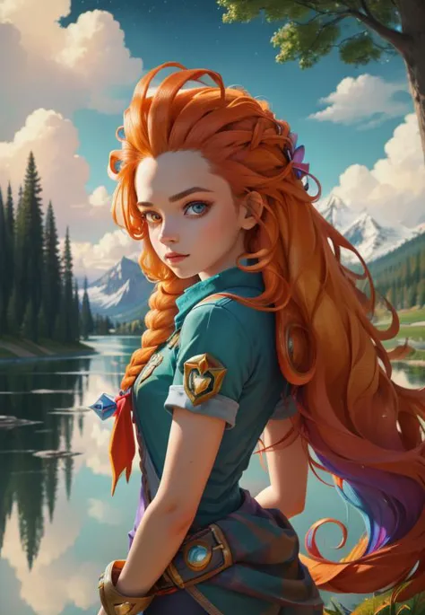 masterpiece, best quality, zoe (league of legends), (heterochromia), long hair, orange hair, shirt , upper body, in wonderland, hair to the side, tied hair, masterpiece, extremely detailed, sky, trees, magical, lake, stars, <lora:zoeLeagueOfLegends_v10:0.8>