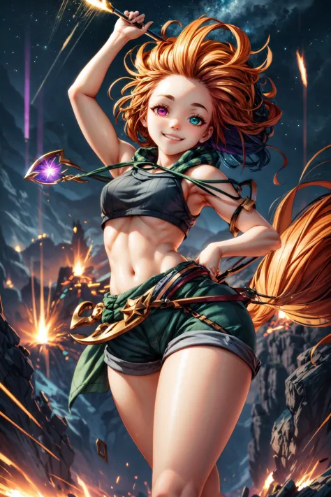 1girl,zoe,(heterochromia:1.3),(long hair),multicolored hair,(messy hair),orange hair,green hair tips,croptop,short pants,small b...