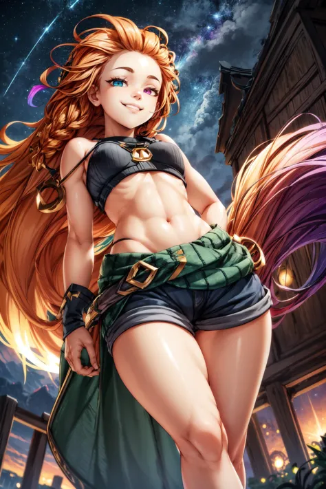 1girl,zoe,(heterochromia:1.3),(long hair),multicolored hair,(messy hair),orange hair,green hair tips,croptop,short pants,small body,thicc,thick thighs,curvy,small breasts,,smile,smiling,(smug:1.2),(teasing smile),seductive expression,(smirk),(half closed eyes),night,darkness,star,(starry night),(from below:1.3),hips,standing,(hands on hip),masterpiece,extremely detailed CG unity 8k wallpaper, best quality,32k,focus sharp, <lora:Zoe:1>, <lora:add_detail:1>,