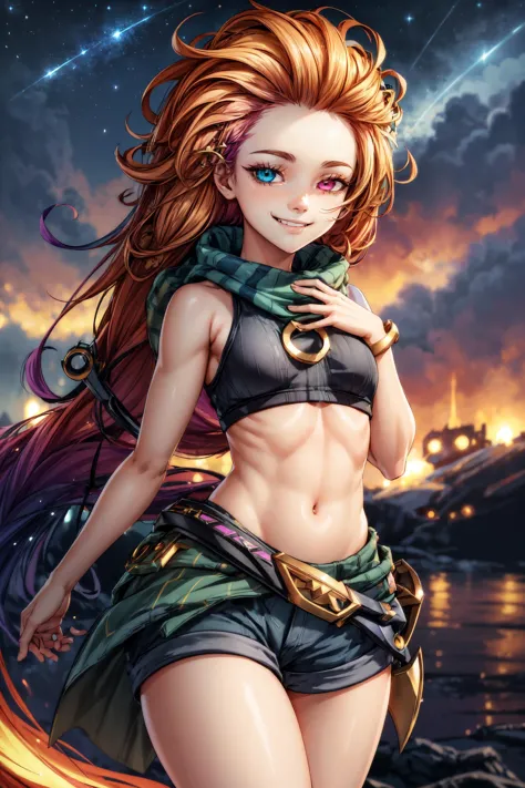 1girl,zoe,(heterochromia:1.3),(long hair),multicolored hair,(messy hair),orange hair,green hair tips,croptop,short pants,small b...