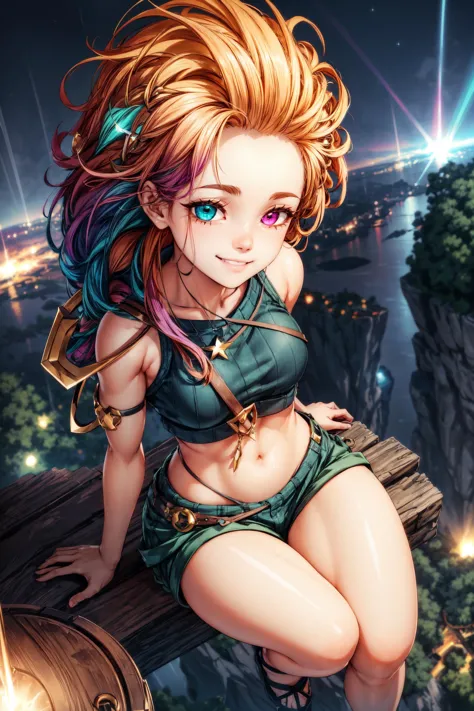 1girl,zoe,(heterochromia:1.3),(long hair),multicolored hair,(messy hair),orange hair,green hair tips,croptop,short pants,small b...