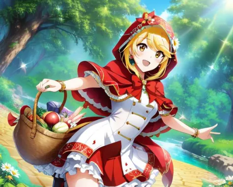 aruru_otsuki\(starlight\), aruru_otsuki\(starlight\)token6, sparkle, tree, bush, nature, christmas_tree, flower, forest, 1girl, grass, hood, outdoors, diffraction_spikes, day, blonde_hair, basket, lens_flare, little_red_riding_hood_\(grimm\), solo, sky, palm_tree, light_rays, plant, white_flower, open_mouth, little_red_riding_hood_\(grimm\)_\(cosplay\), smile, glint, christmas_ornaments, pine_tree, lake, capelet, jewelry, bow, star_\(sky\), red_hood, hooded_capelet, frills, daisy, sunlight, masterpiece, high_quality,Extremely Delicate Pixiv 8K-Illustration, Best Quality, Hyper Detailed, Intricate Details, Sun Dogs Effect, Depth Of Field,, (extremely detailed skin), (extremely detailed eyes), (extremely detailed face), (extremely detailed hair), (perfect anatomy), extremely detailed CG unity 8k wallpaper,thick highlights in eyes,extremely detailed glistening iris, perfect shading, perfect overlay, perfect highlights, color tress, colorful reflected light in eyes,