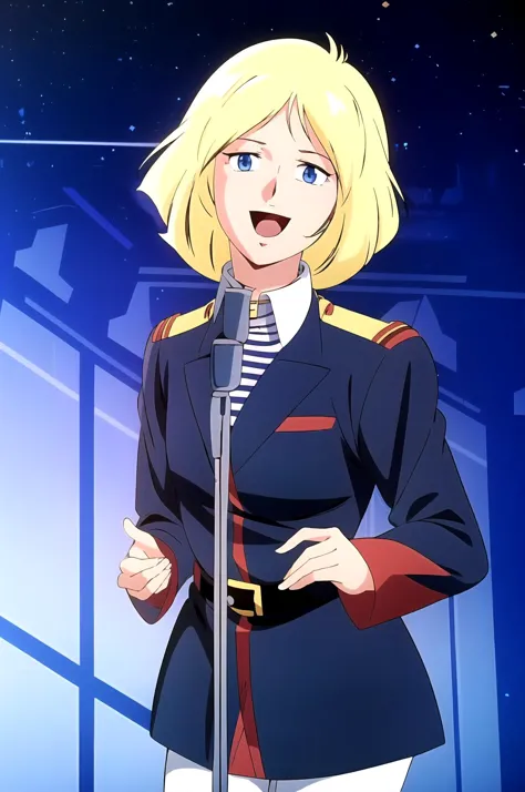 <lora:SaylaMass003:0.7>,<lora:add_detail:0.5>,<lora:noline:0.3>,<lora:boldline:-0.3>, SaylaMass,1girl,blonde hair,short hair,blue eyes,retro artstyle, military uniform, white_pantyhose,
(outer space setting, stars),
<lora:NeverGonnaGiveUUp:1>IncrsNeverGonnaGiveUUp, smile, open mouth, looking at viewer, microphone stand, upper body, black jacket, striped shirt