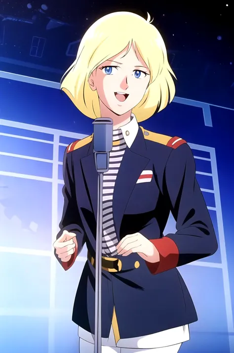 <lora:SaylaMass003:0.7>,<lora:add_detail:0.5>,<lora:noline:0.3>,<lora:boldline:-0.3>, SaylaMass,1girl,blonde hair,short hair,blue eyes,retro artstyle, military uniform, white_pantyhose,
(outer space setting, stars),
<lora:NeverGonnaGiveUUp:1>IncrsNeverGonnaGiveUUp, smile, open mouth, looking at viewer, microphone stand, upper body, black jacket, striped shirt