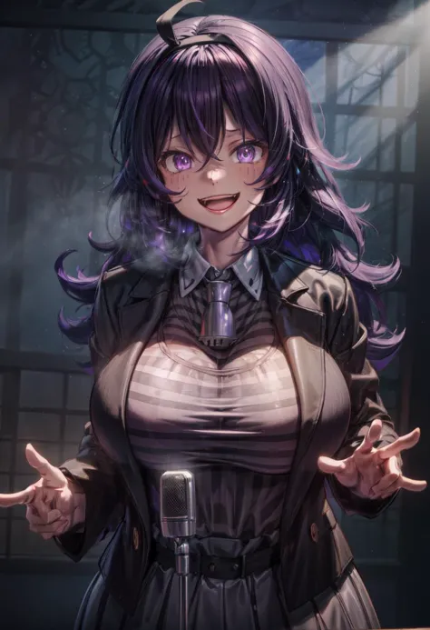 (volumetric lighting, Highres), (Detailed Illustration), Ultra-Detailed, 8k, IncrsNeverGonnaGiveUUp, smile, looking at viewer, microphone stand, upper body, black jacket, striped shirt, open mouth, <lora:NeverGonnaGiveUUp:1> hex maniac, purple hair,purple ...