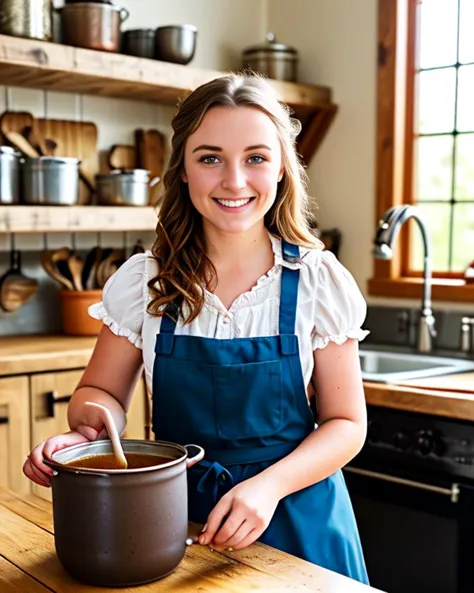 photo,  mixing a (small pot of  gravy), in the well-equippe rustic fantasy kitchen, a beautiful young (aussie welsh:1.0) wife we...