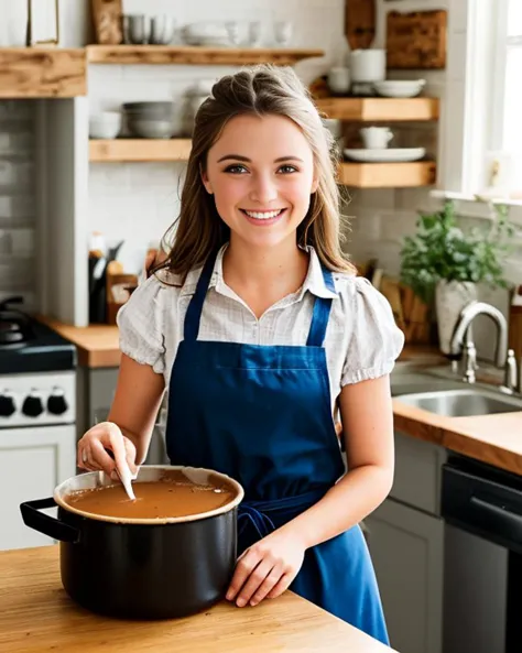 photo,  mixing a (small pot of  gravy), in the well-equippe rustic fantasy kitchen, a beautiful young (aussie welsh:1.0) wife we...