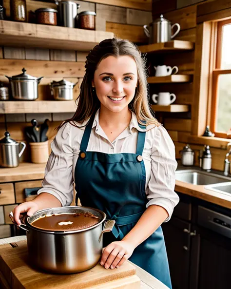 photo,  mixing a (small pot of  gravy), in the well-equippe rustic fantasy kitchen, a beautiful young (aussie welsh:1.0) wife we...