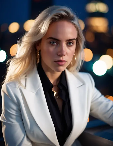 arafed woman in a white jacket and black shirt sitting on a railing