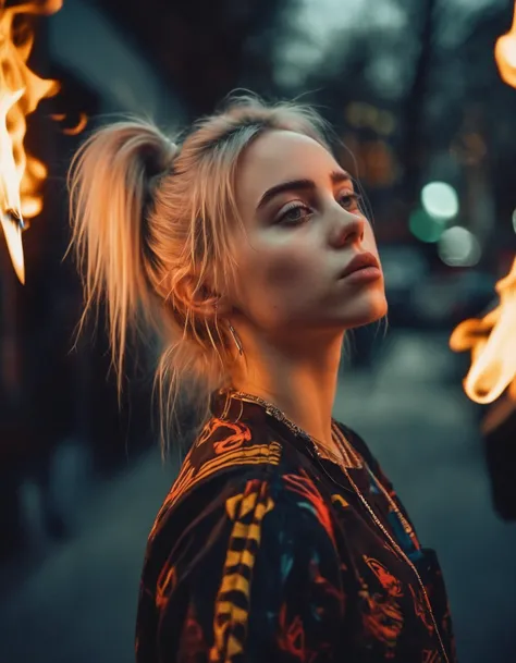 a woman with blonde hair and a ponytail is standing in front of fire