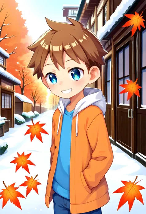 a boy in an orange jacket standing in the snow