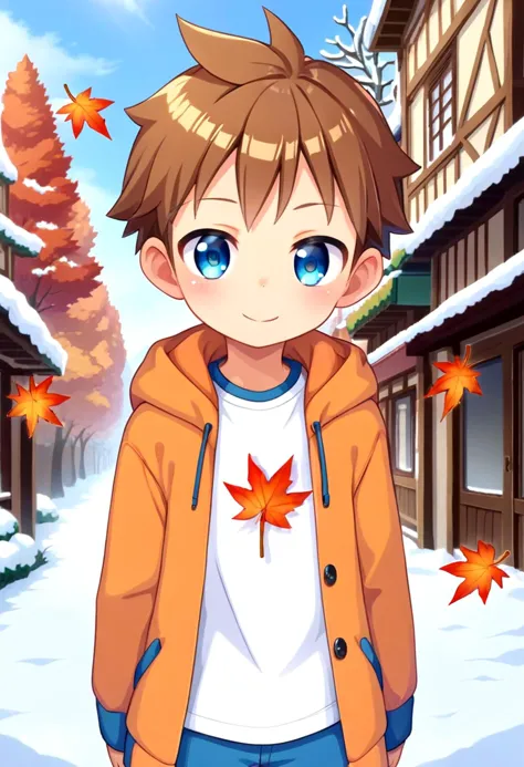 a boy in a jacket and jeans standing in the snow