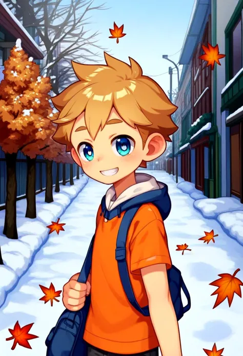 a cartoon boy with a backpack walking down a snowy street