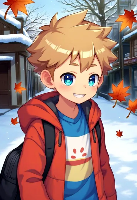 a boy in a red jacket and blue shirt standing in the snow