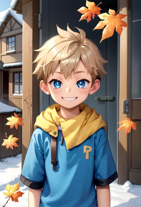 a boy with blue eyes and a yellow scarf standing in the snow