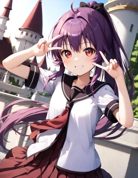 anime girl with long purple hair and a white shirt and brown skirt