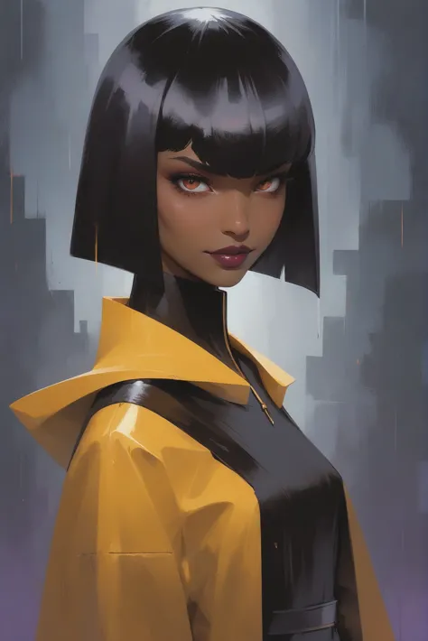 a woman with a black hair and yellow jacket standing in front of a city