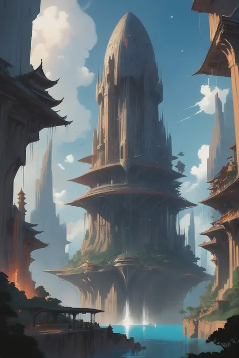 a painting of a city with a tower in the middle of it