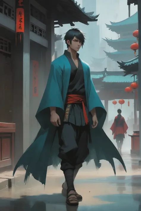 a man in a blue robe walking down a street