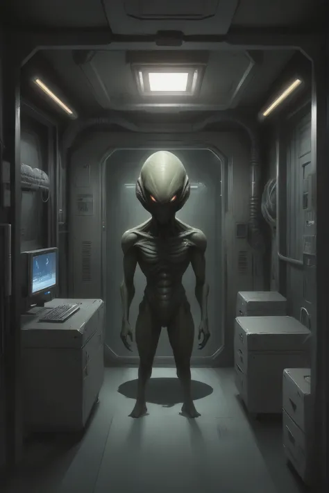 alien in a spaceship room with a computer and desk