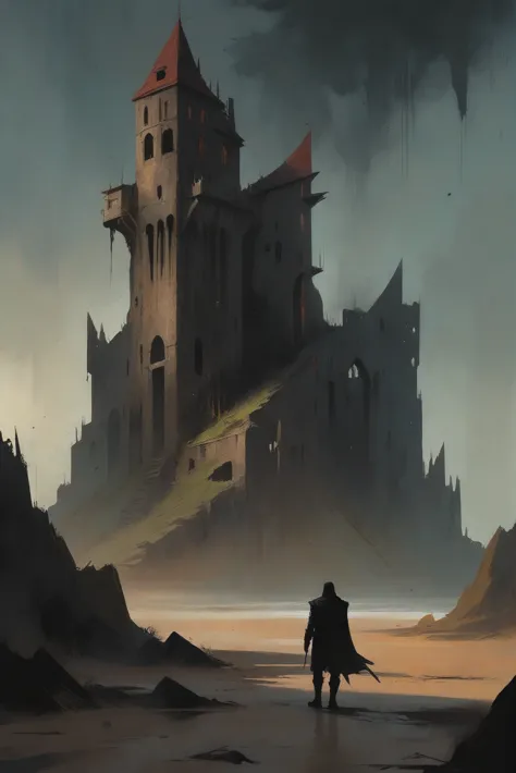 a painting of a man walking in front of a castle