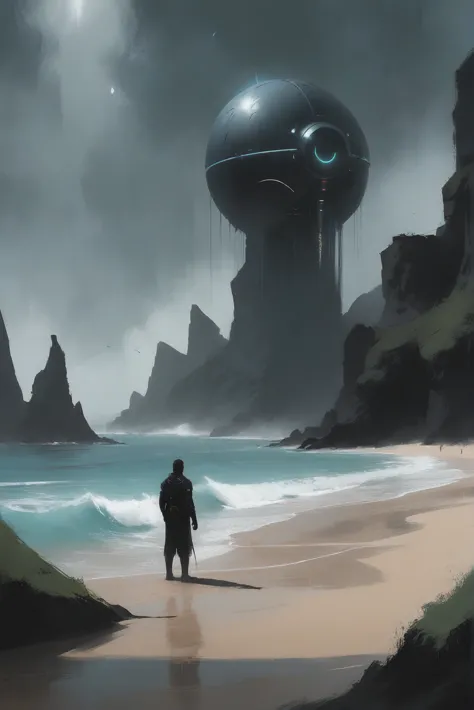 a man standing on a beach looking at a giant object