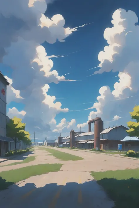 anime scenery of a rural street with a farm and a barn