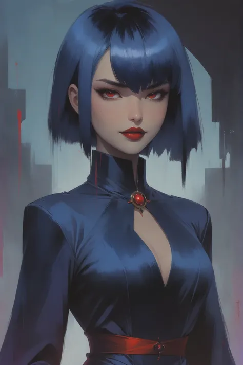 a woman with blue hair and a red necklace in a blue dress