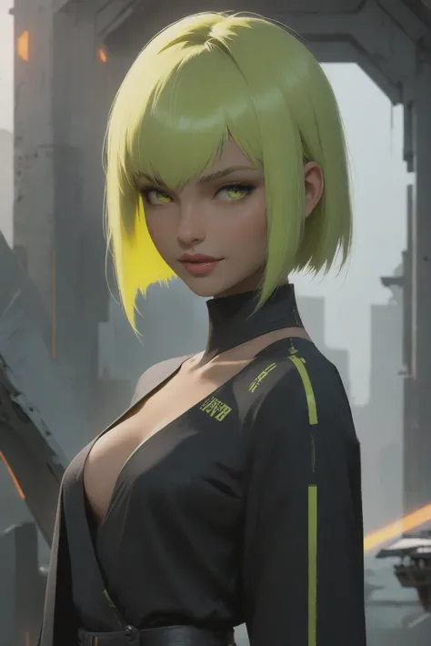 a woman with green hair and a black top standing in front of a building